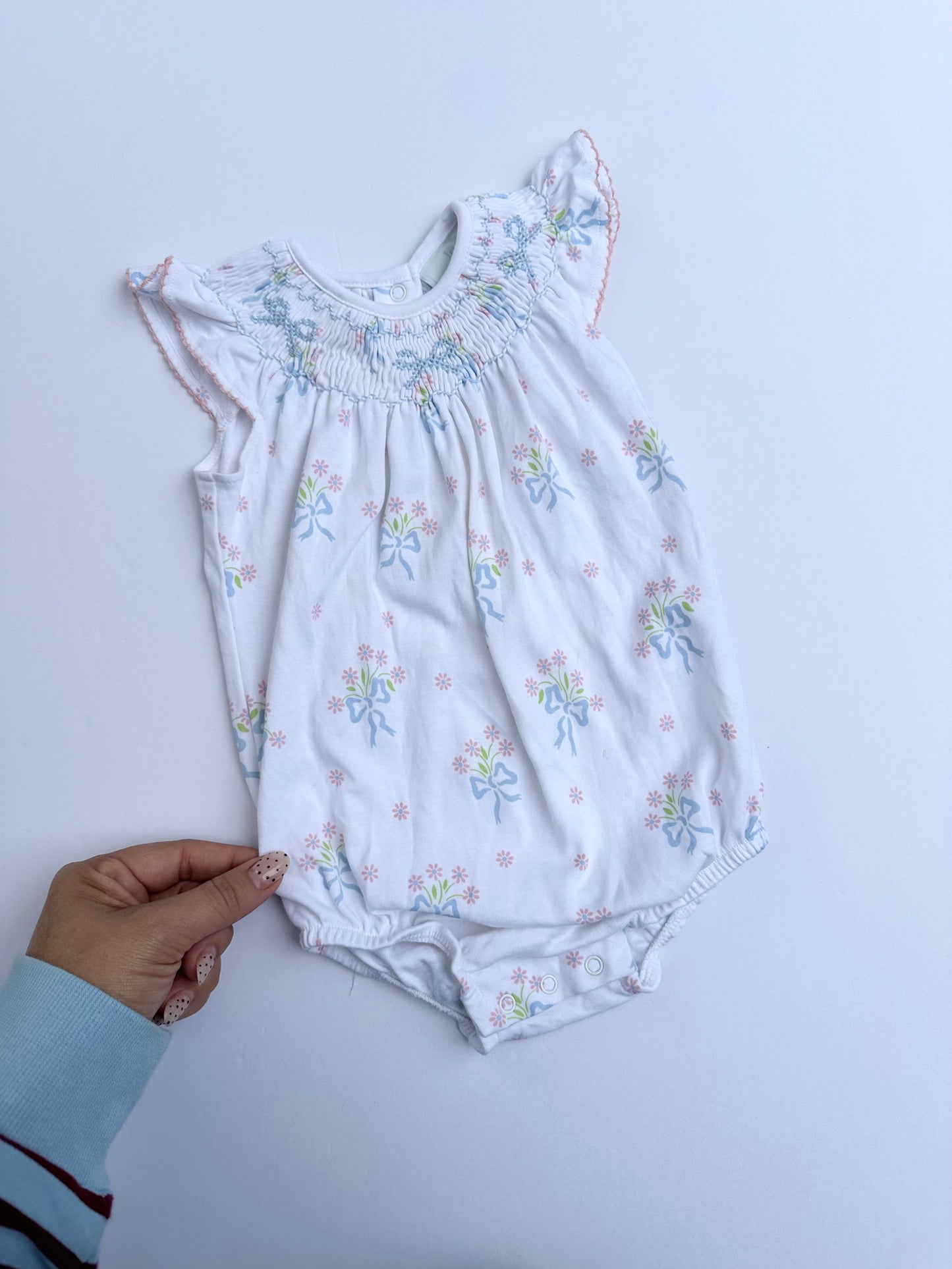 Little English smocked bishop bubble romper || 9M