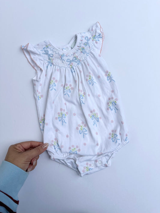 Little English smocked bishop bubble romper || 9M