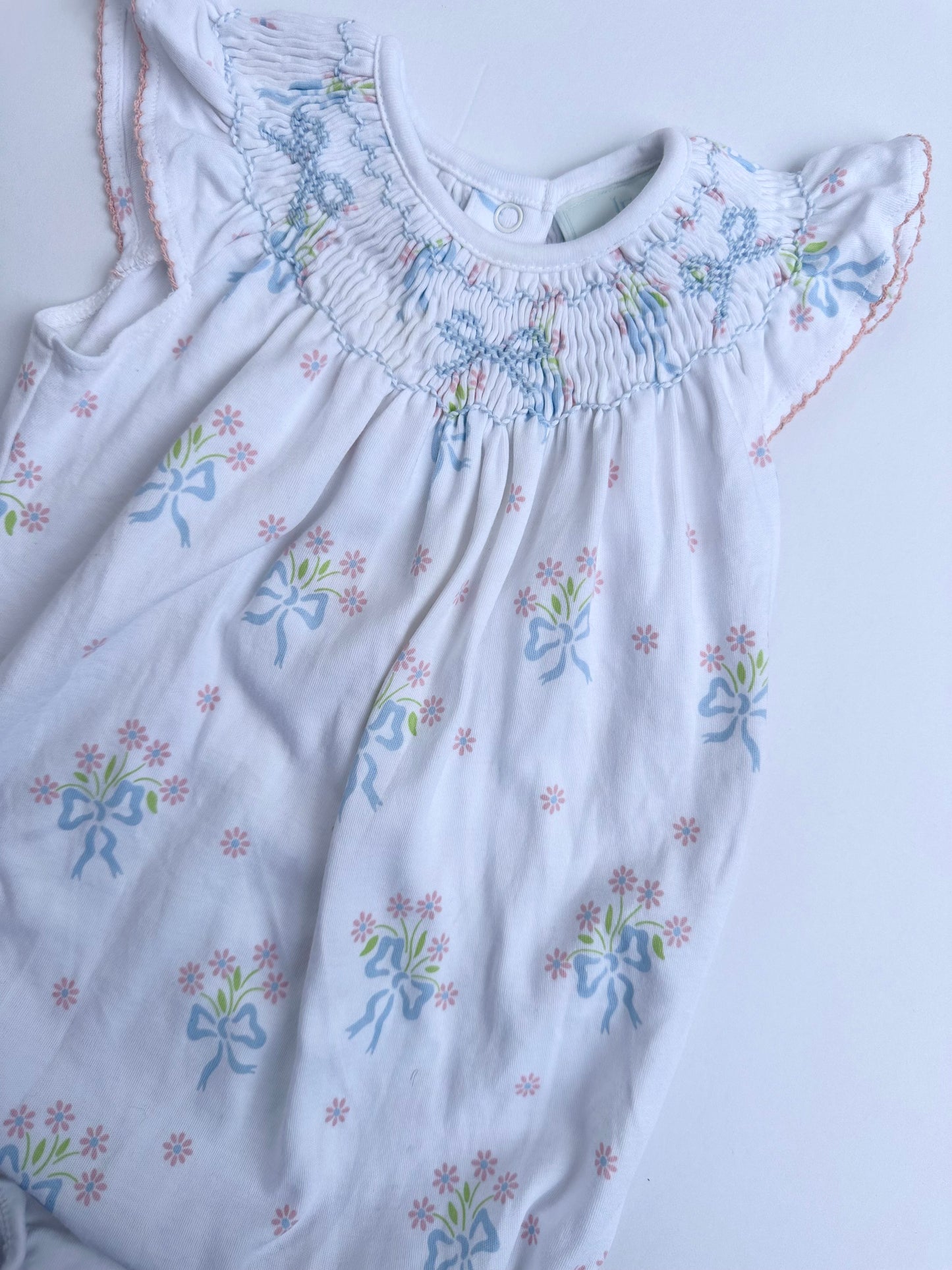 Little English smocked bishop bubble romper || 9M