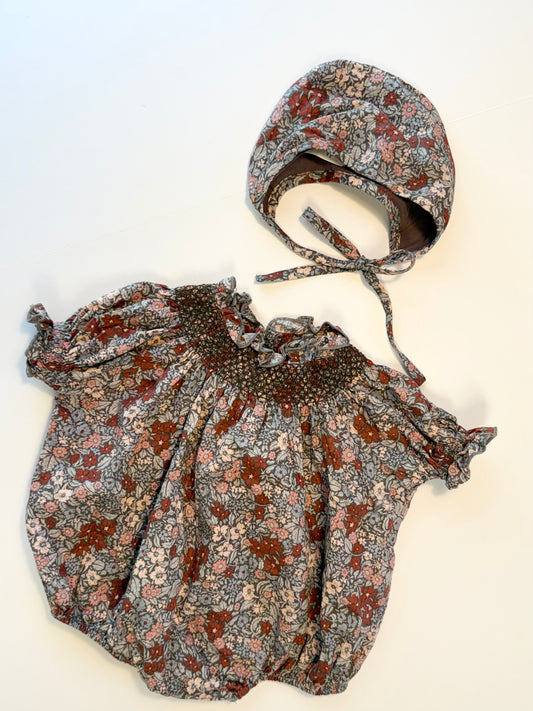 Noralee ||burgundy green floral romper & bonnet set || 6m