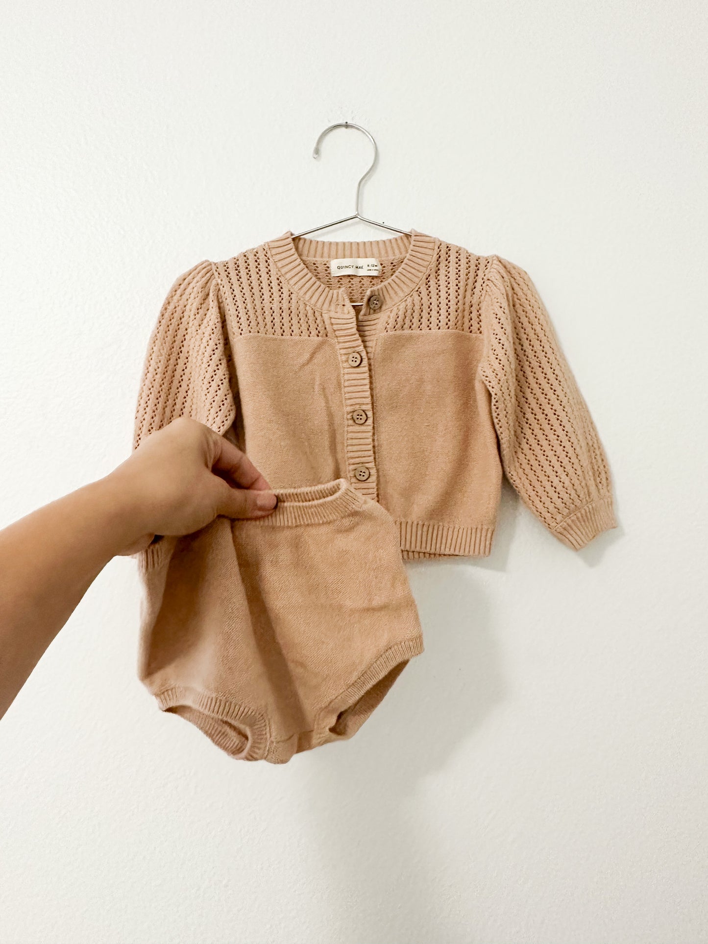 Quincy Mae pointelle knit cardigan and bloomers || 6/12