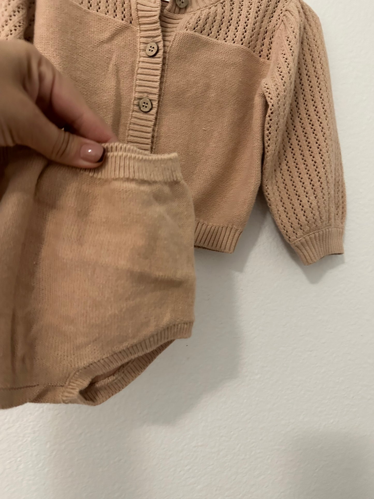 Quincy Mae pointelle knit cardigan and bloomers || 6/12