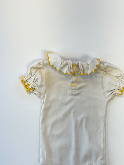 Misha & Puff || cream and yellow ruffle body suit || 6-12m