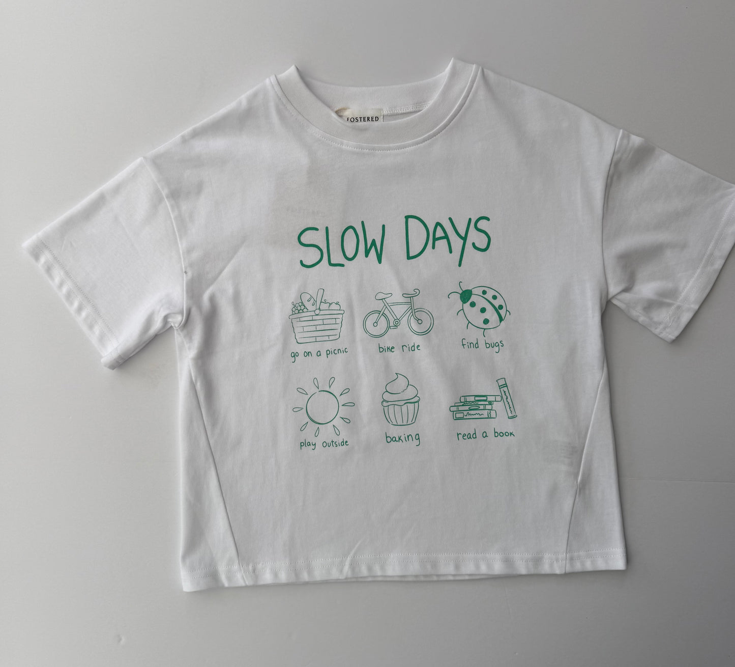 Fostered || slow days  white and green t || size 3