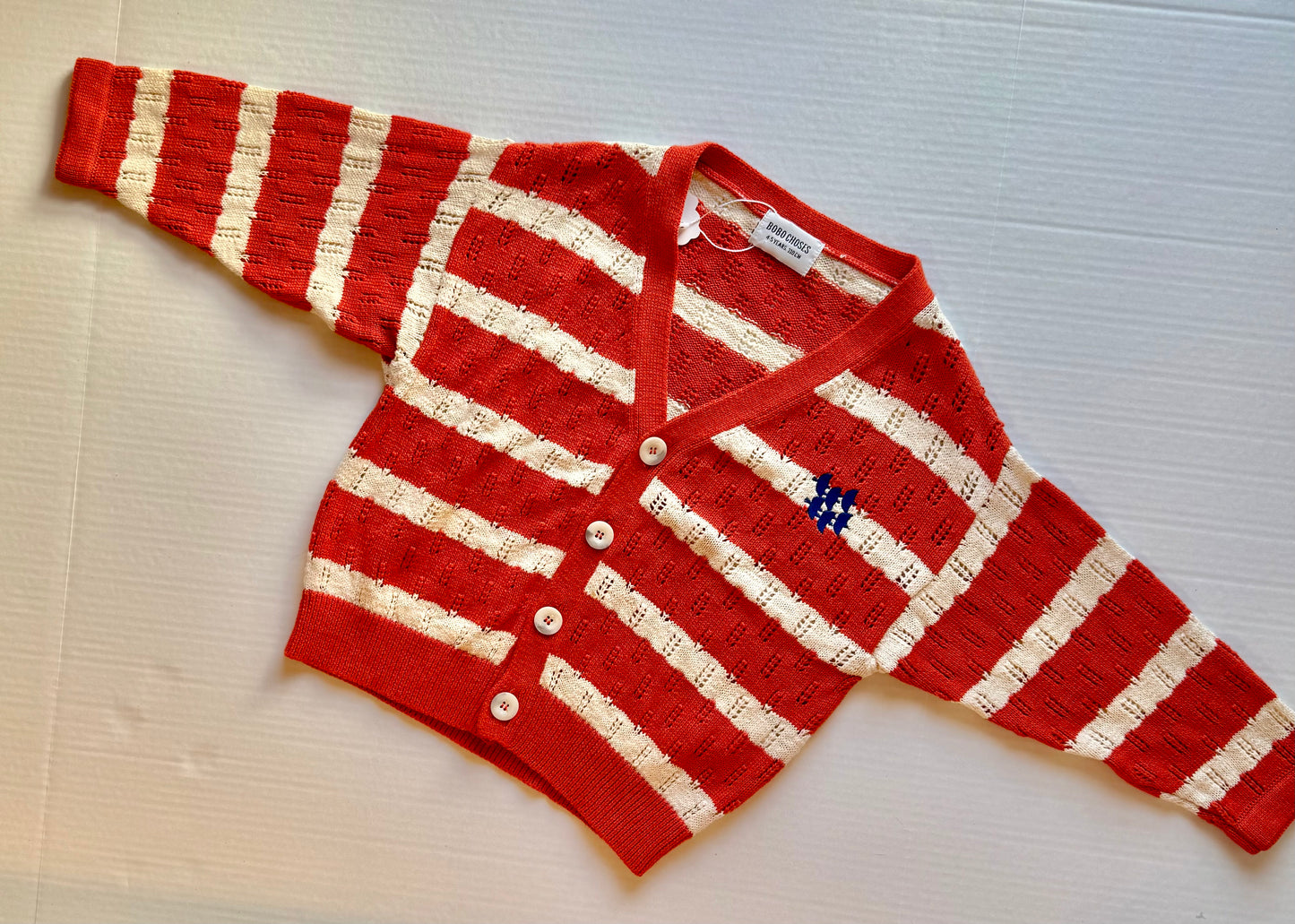 Bobo Choses || red/white striped knit cardigan || Size 4/5