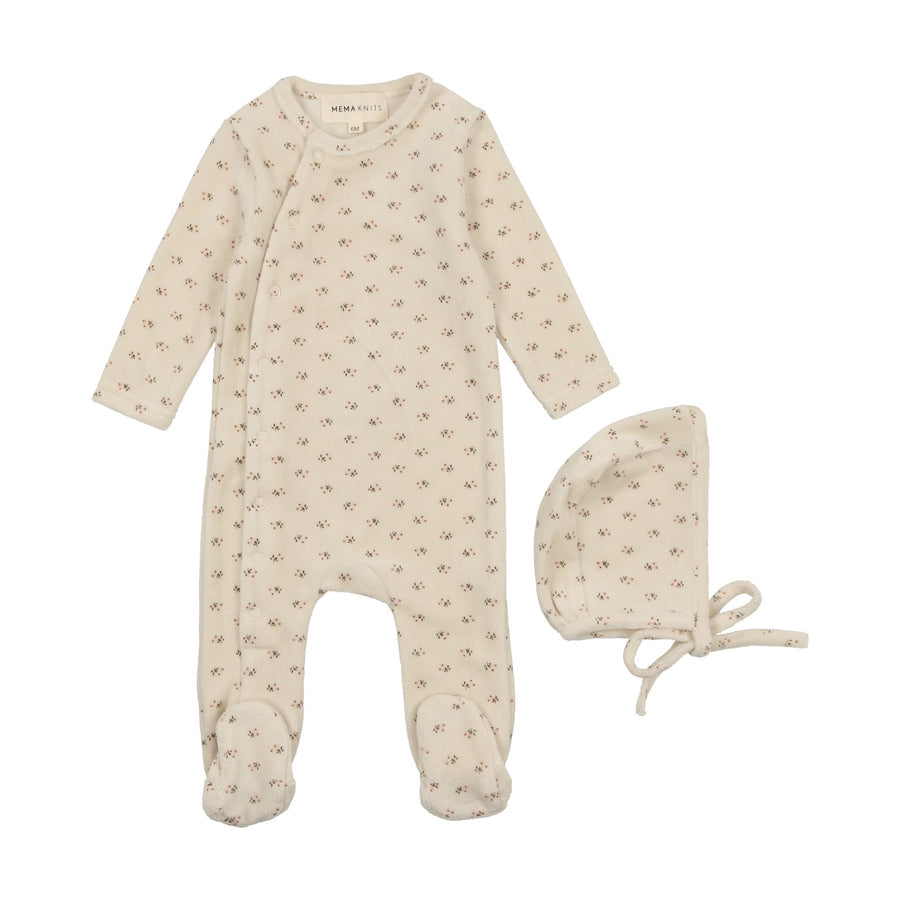 Mema Knits cream floral bud footie + bonnet || 6M